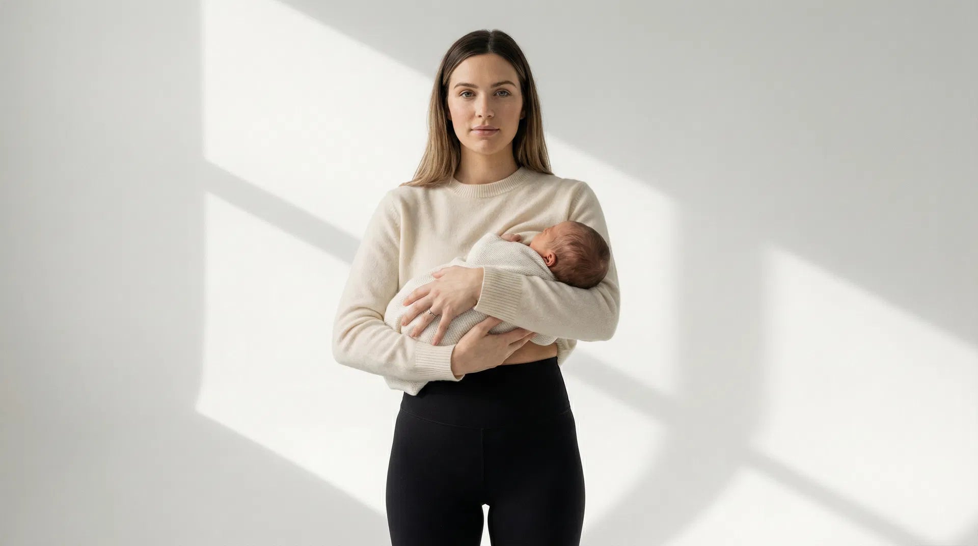 Mother holding her newborn, wearing a cream sweater and MADRE black postpartum leggings